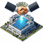 Handshake over solar-powered commercial building, representing power purchase agreement (an energy partnership) and investment in solar energy.
