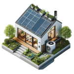 Energy-efficient home with solar panels and a heat pump, emphasising sustainable living and green technology.