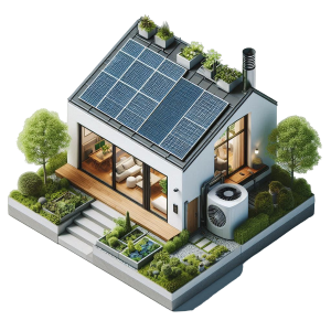 Energy-efficient home with solar panels and a heat pump, emphasising sustainable living and green technology.